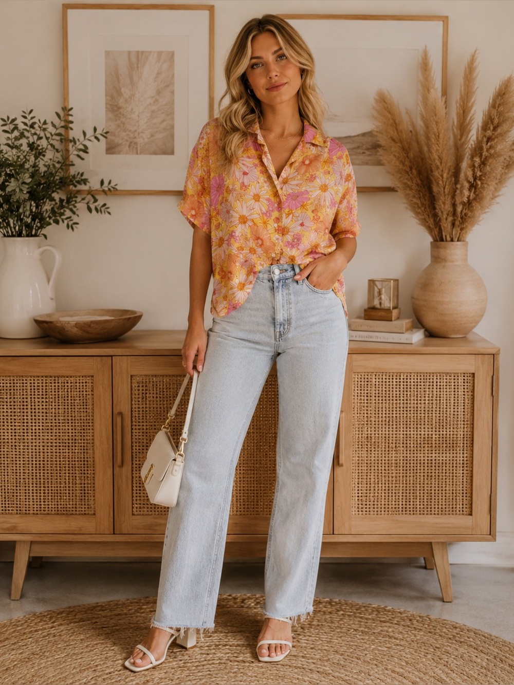 H&M Floral Linen Blend Button Front Camp Shirt Retro Cottagecore Boho